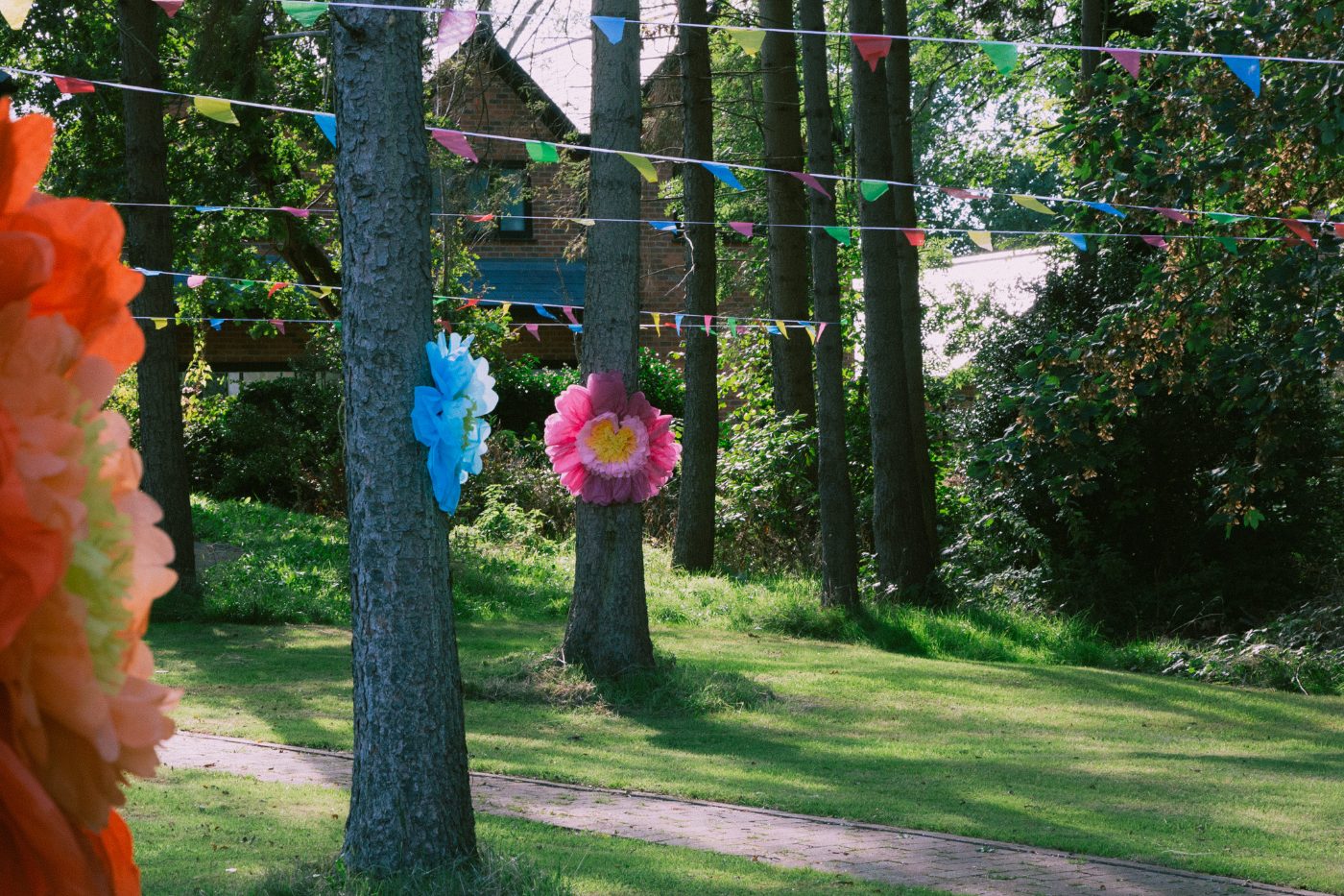 Paper flowers and bunting through the trees